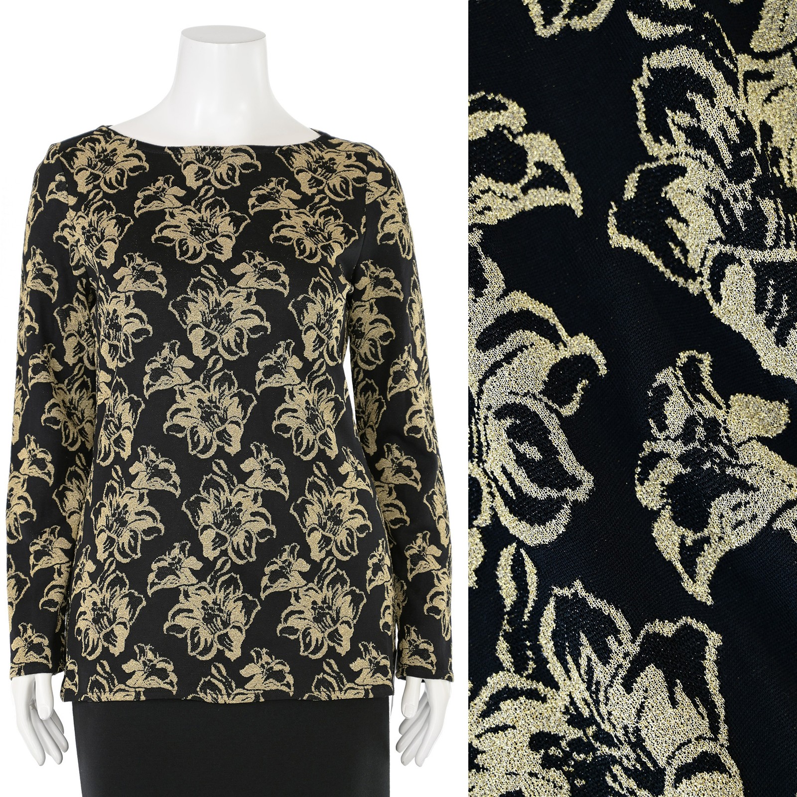 *GLITTERY!* St. John Knits Floral Knit Tunic Top sz 10 in Black/Gold Metallic
