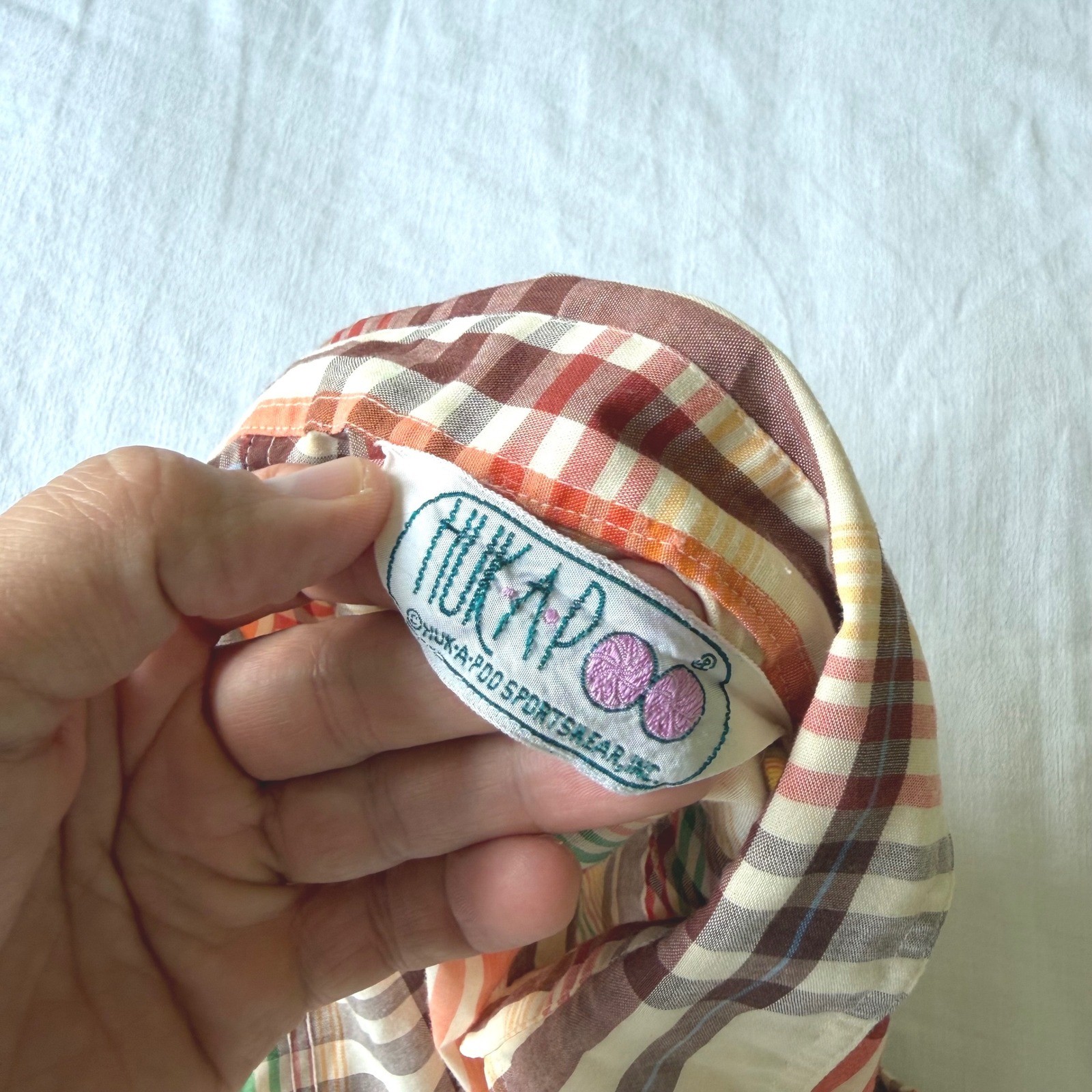 Huka-Poo Vintage 70s Plaid Button Up Shirt Orange Green Pointed Collar