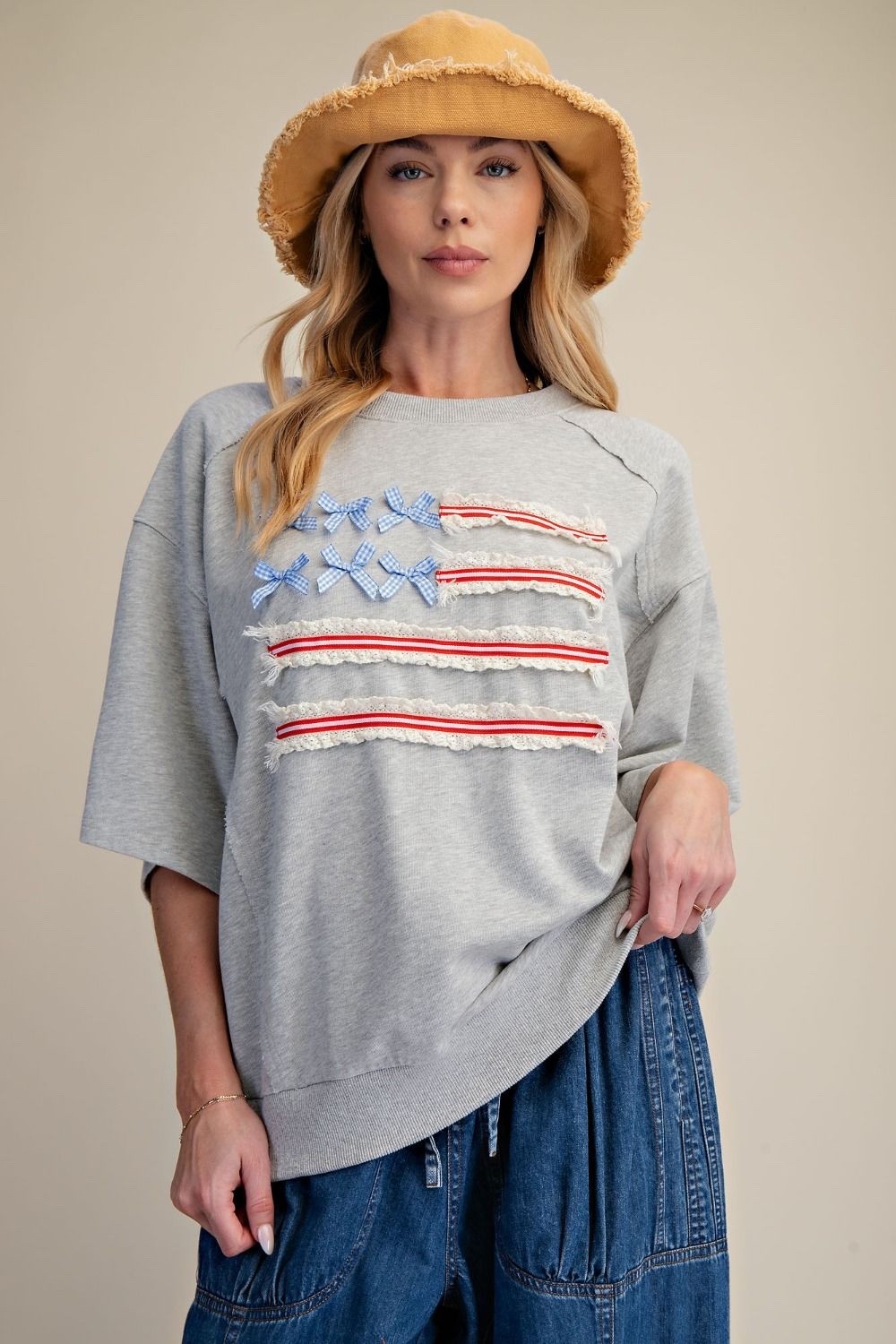 Easel Women’s American Flag Bows and Lace Oversized Washed Top