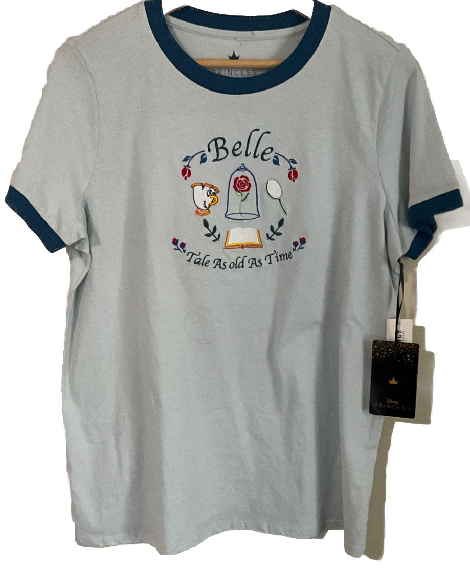 Disney Princess Belle Embroidered Ringer Tee BoxLunch Organic Cotton NWT Size LG