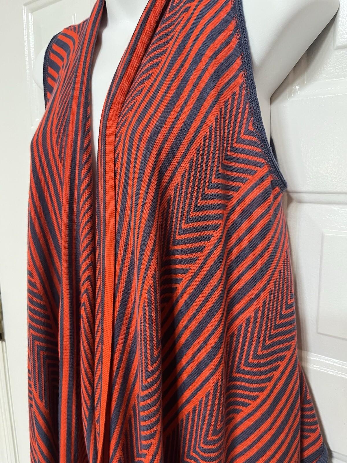 Say What? S Sleeveless Vest Duster orange blue stripe Geometric Pattern Fringe