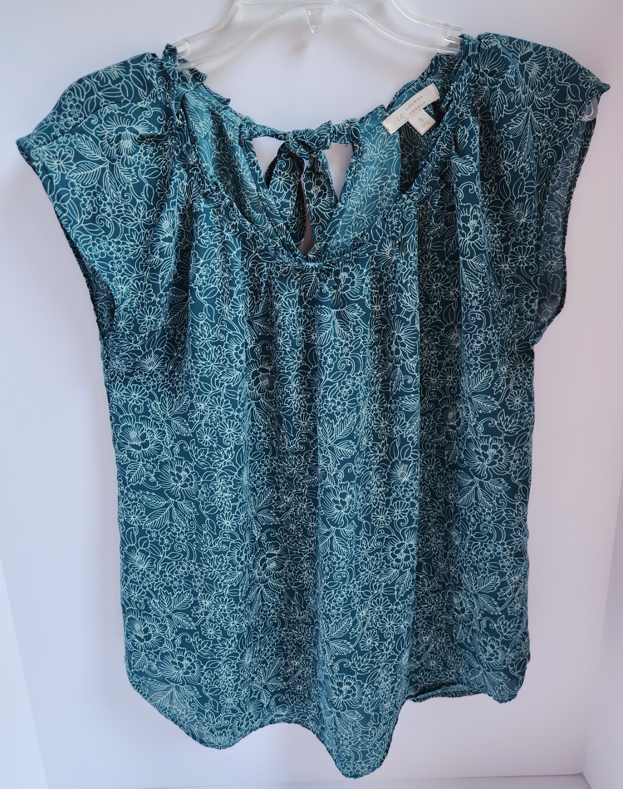LC Lauren Conrad Floral Chiffon Blouse Pleated Keyhole Cap Sleeve Green Small