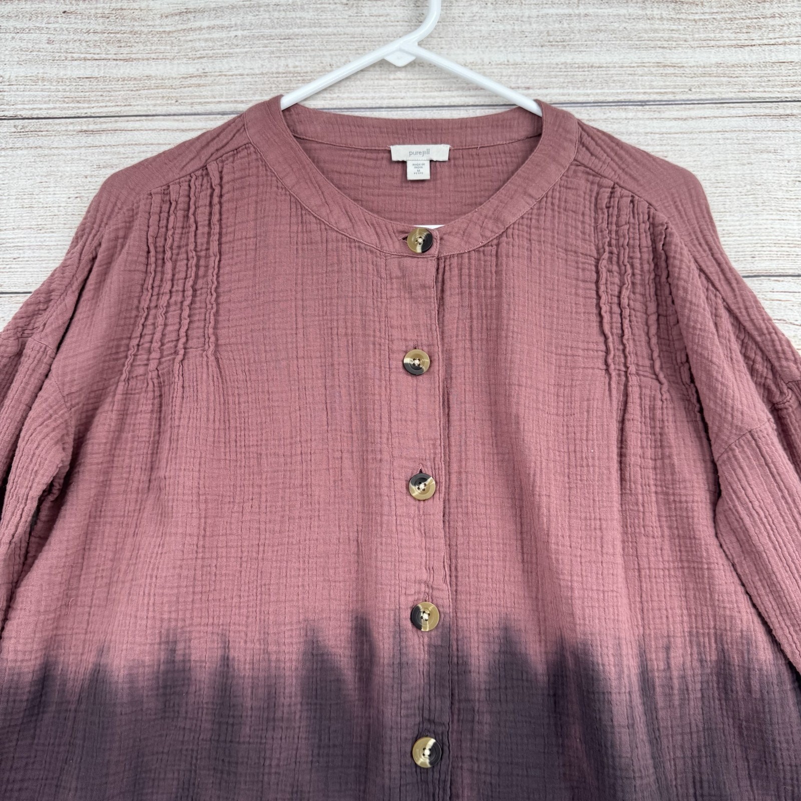 Pure Jill Shirt Womens Medium Petite Purple Tie Dye Button Front Cotton Top