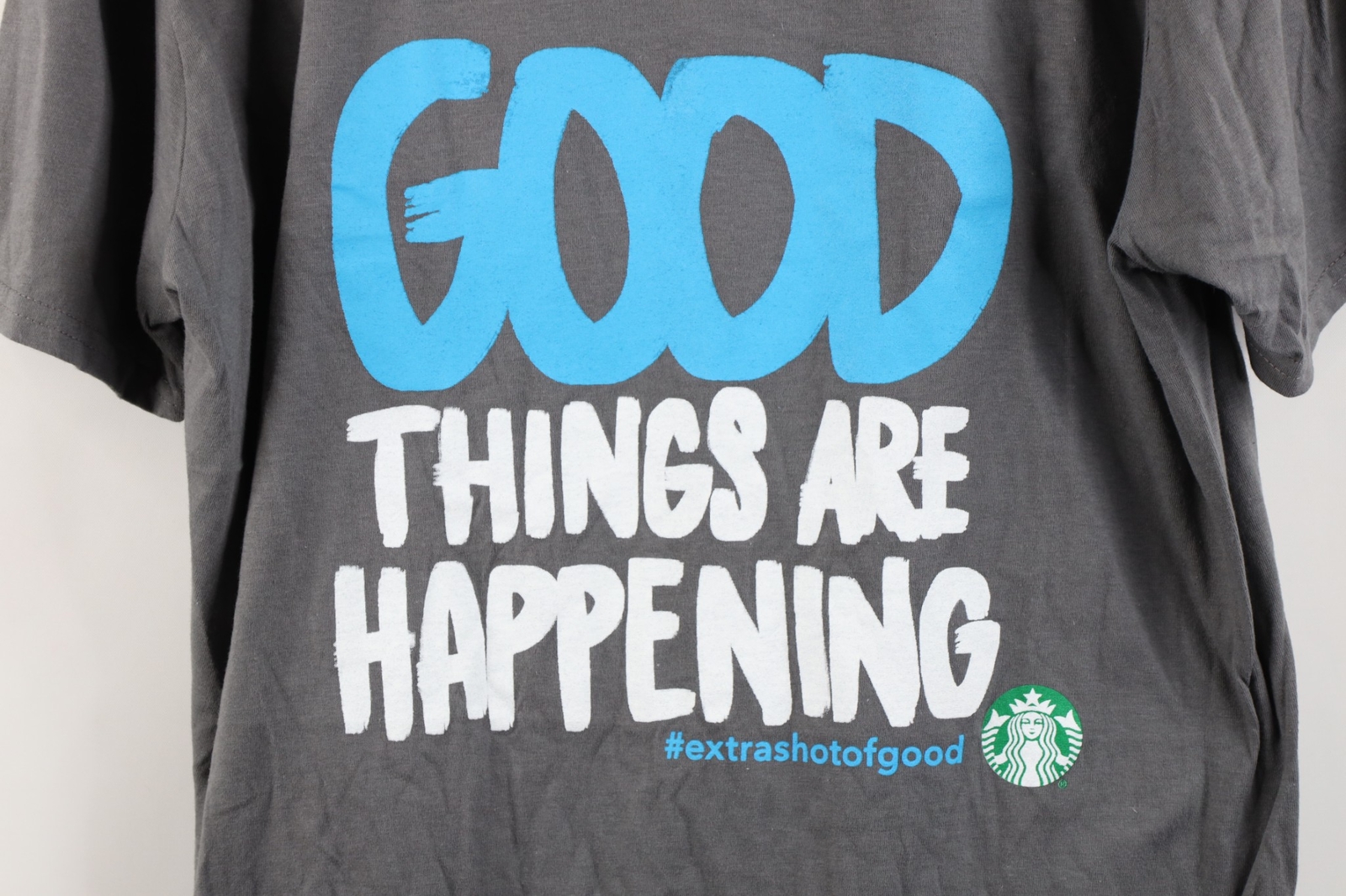 Starbucks Coffee Womens Large Spell Out Good Things Are Happening V-Neck T-Shirt