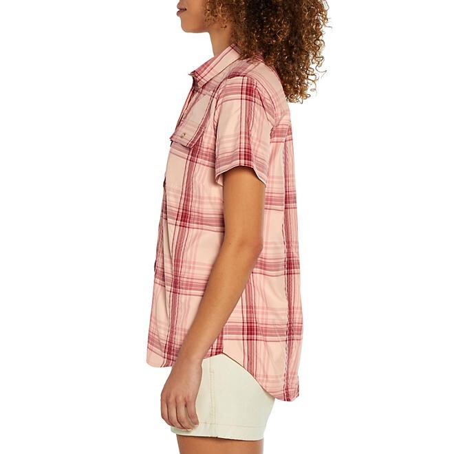 Eddie Bauer Ladies Short Sleeve Adventure Top Size M Peach Starling Plaid