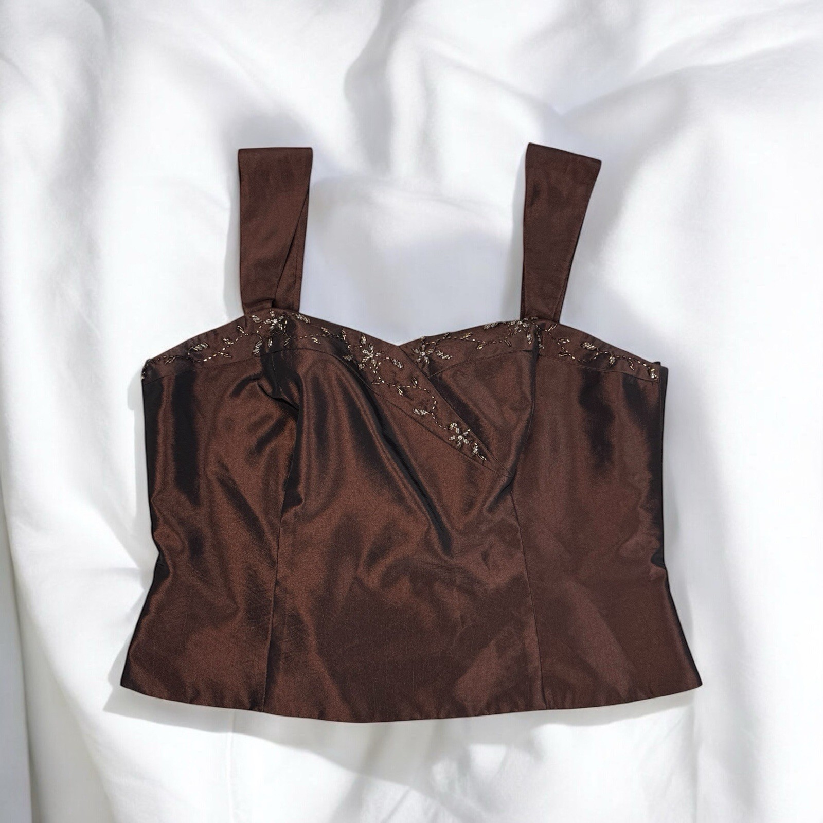 Brown Satin Beaded Flower Crop Blouse Formal 90s Fairycore Glam Wedding Dressy