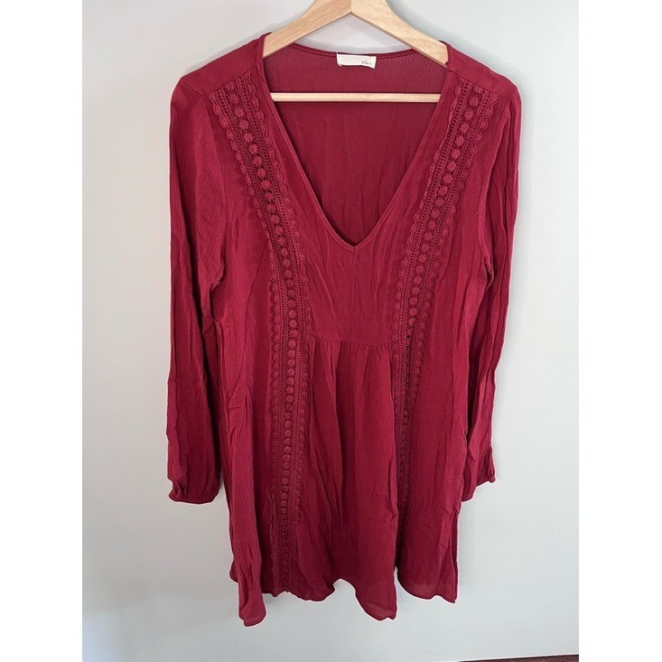 Jella C Women Burgundy Crochet Lace Trim V-Neck Long Sleeve Tunic Top Large