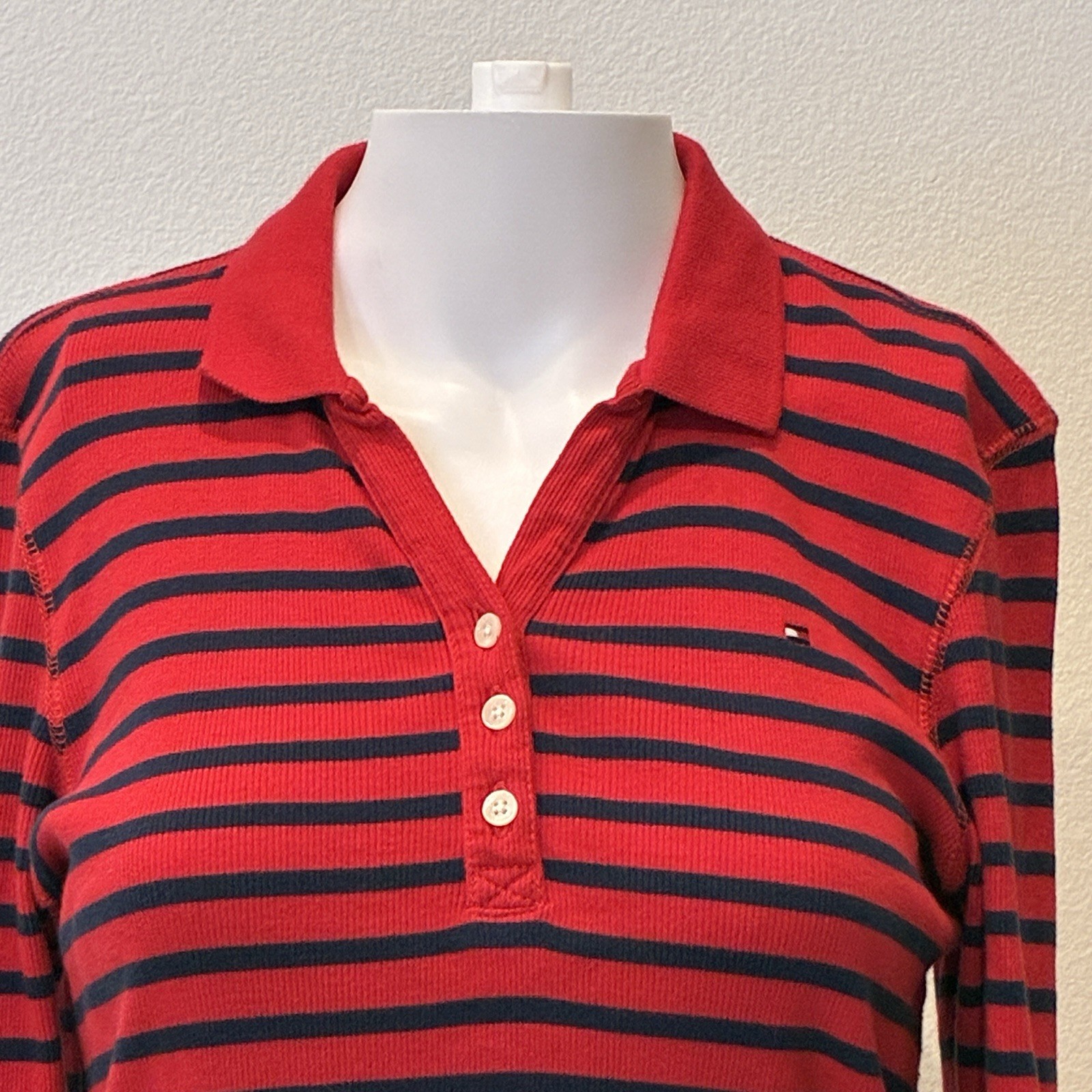 VTG Y2K Tommy Hilfiger Striped Johnny Collar Polo Shirt M Red 3/4 Sleeve Preppy