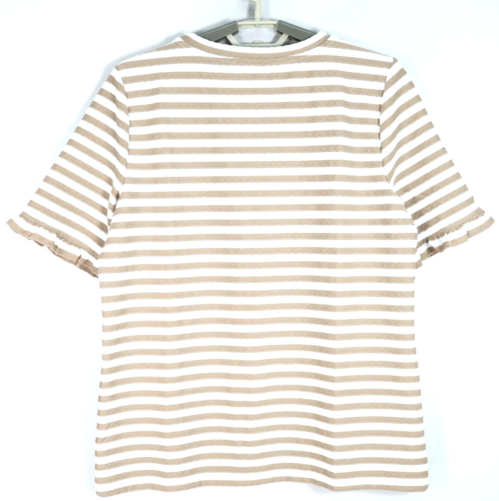 NWT ANN TAYLOR Women’s Stretch Polyester T-Shirt Ruffle Striped Brown Ivory M