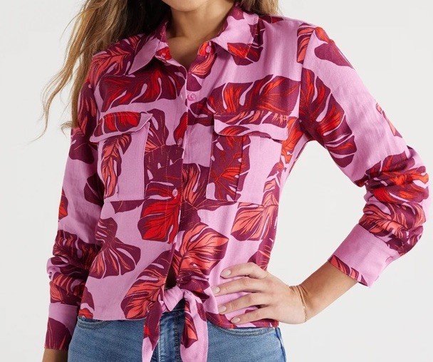 Tropical Pink Sofia Vergara Button Up Long Sleeve Linen Blouse Women Sz XL
