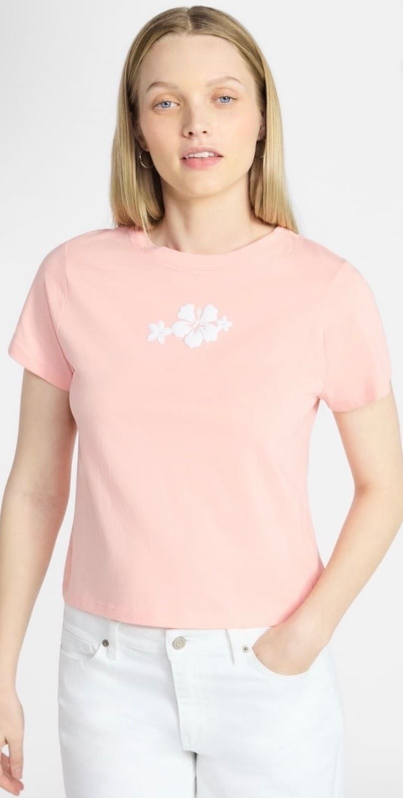 No Boundaries Women’s Cropped Cotton Graphic Tee with Hibiscus Flower Embroidery