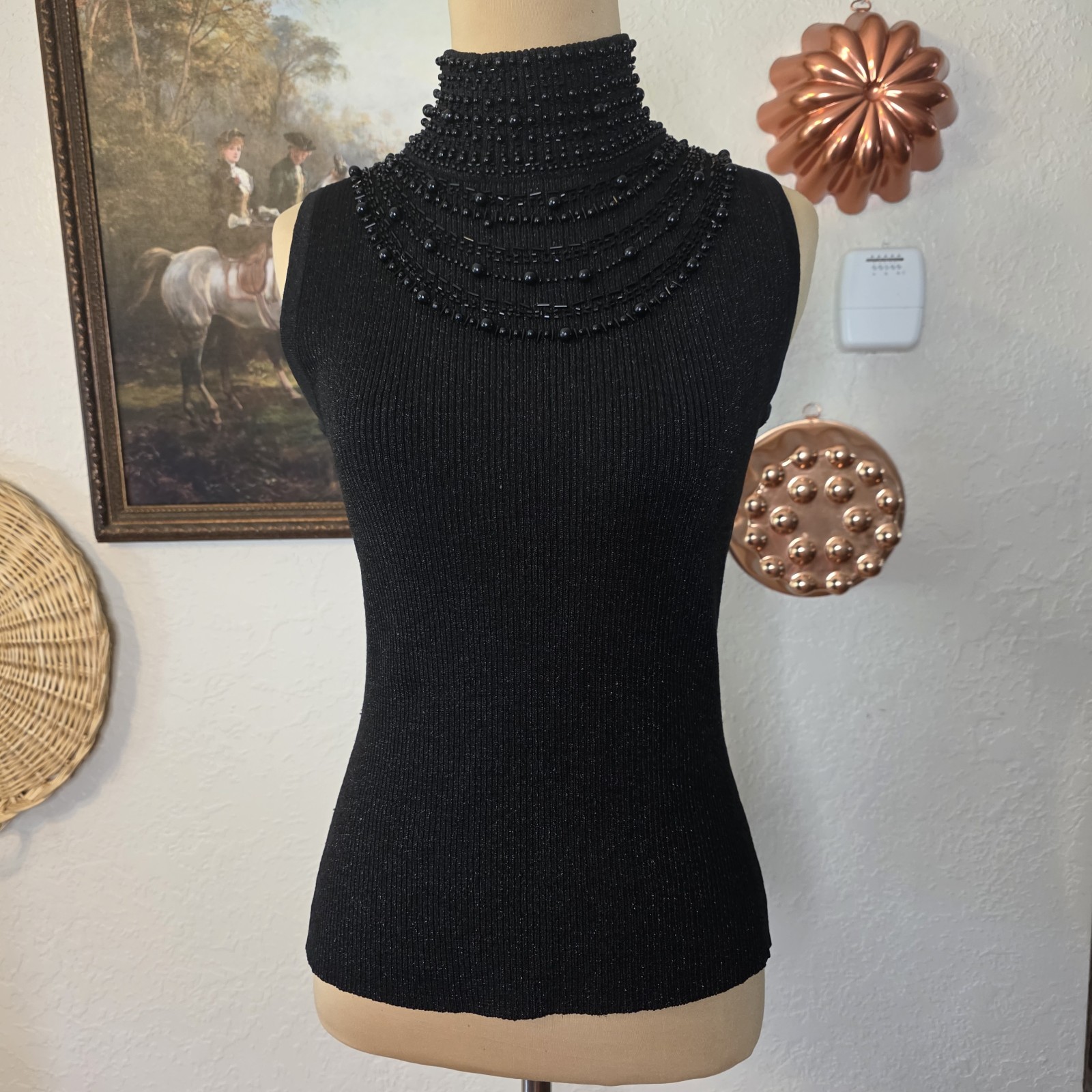 Vintage 90s Evie Petite Black Beaded Silk-Blend Mock-Neck Old Hollywood Glam Top