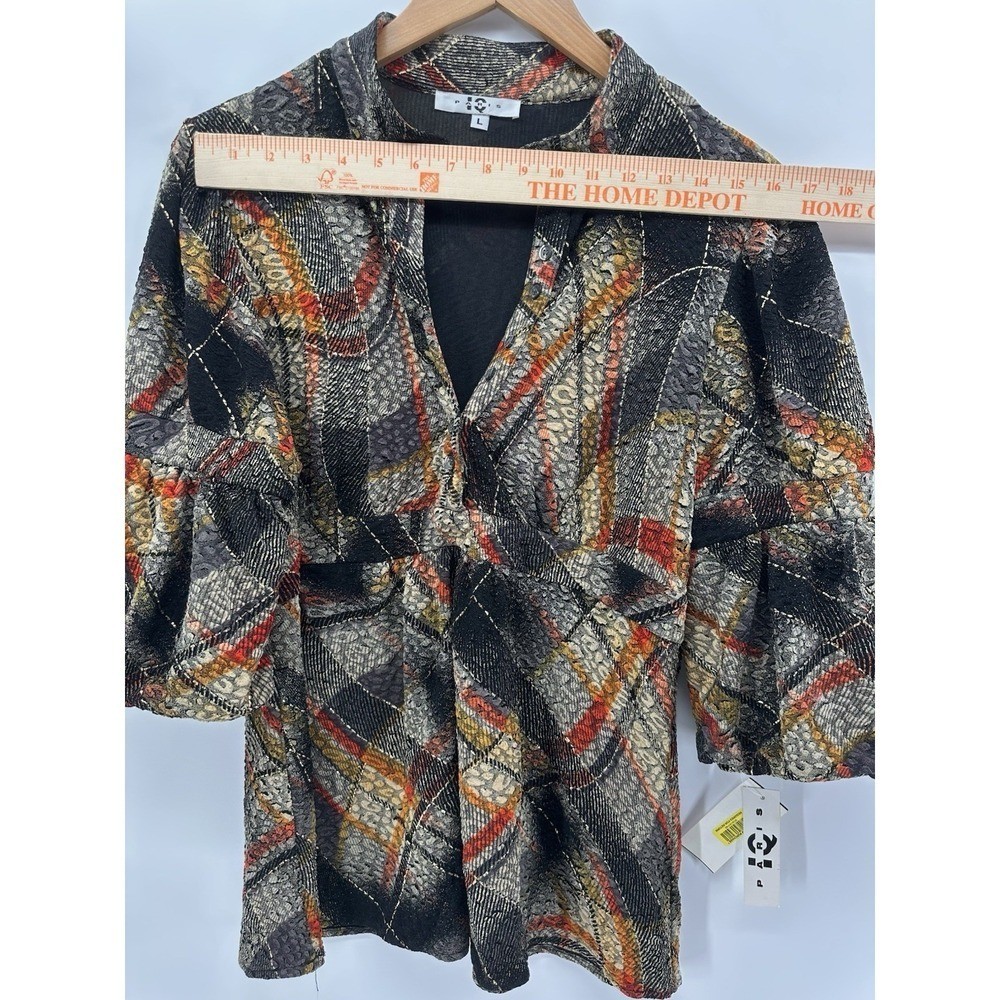 Paris IQ Artistic Print Peplum Sz L Top Black Rust Textured Flowy Statement FF46