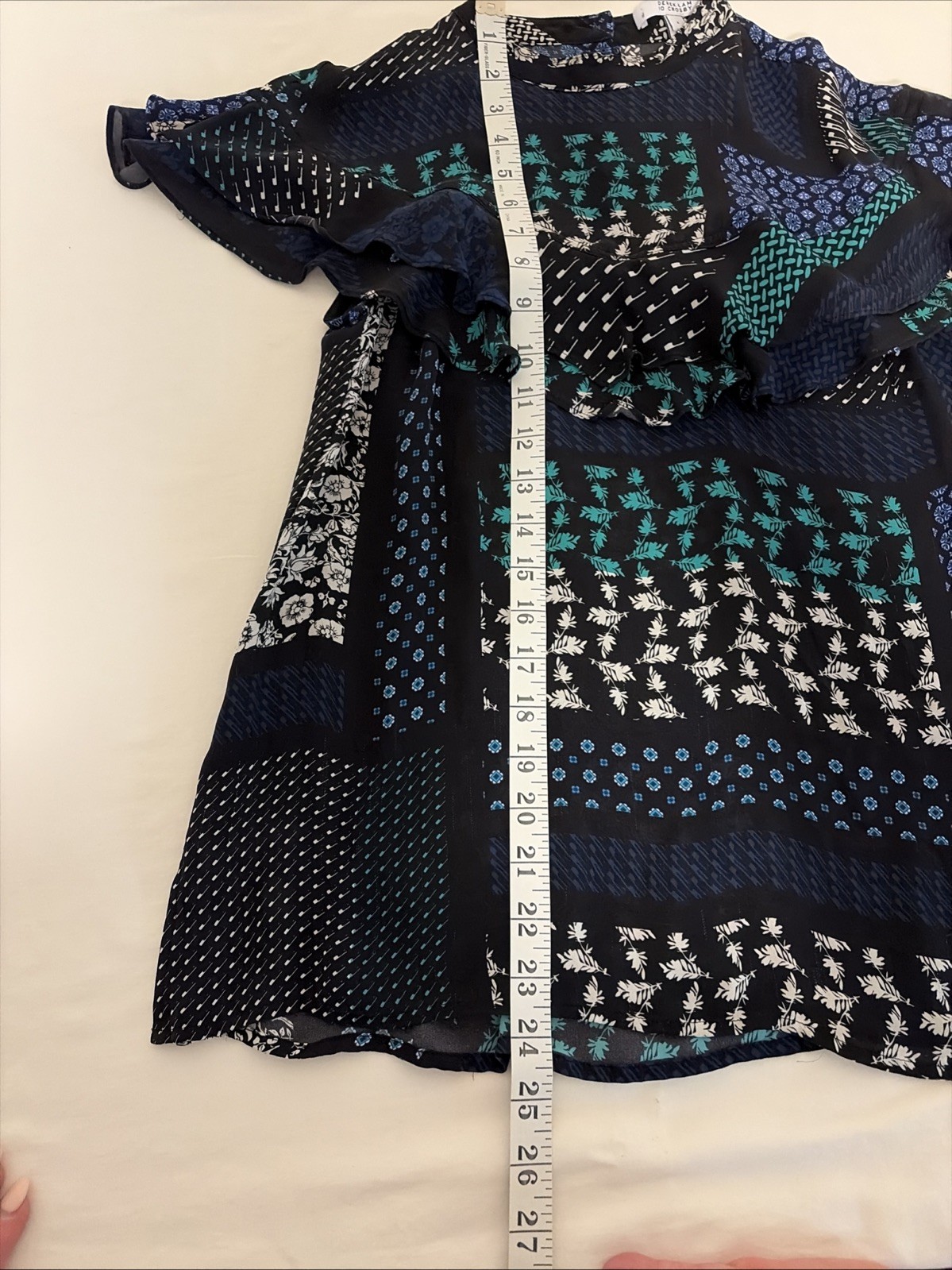 DEREK LAM IO CROSBY Women’s Silk Ruffed Blouse Sz 4 geometric botanical pattern