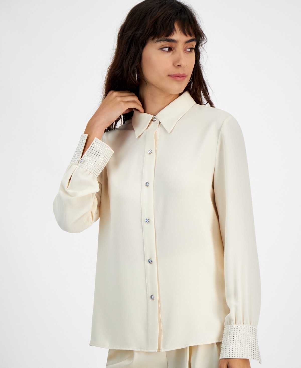 Bar III Women’s Rhinestone-Cuff Button-Front Shirt Light Tea Small NWT’s.