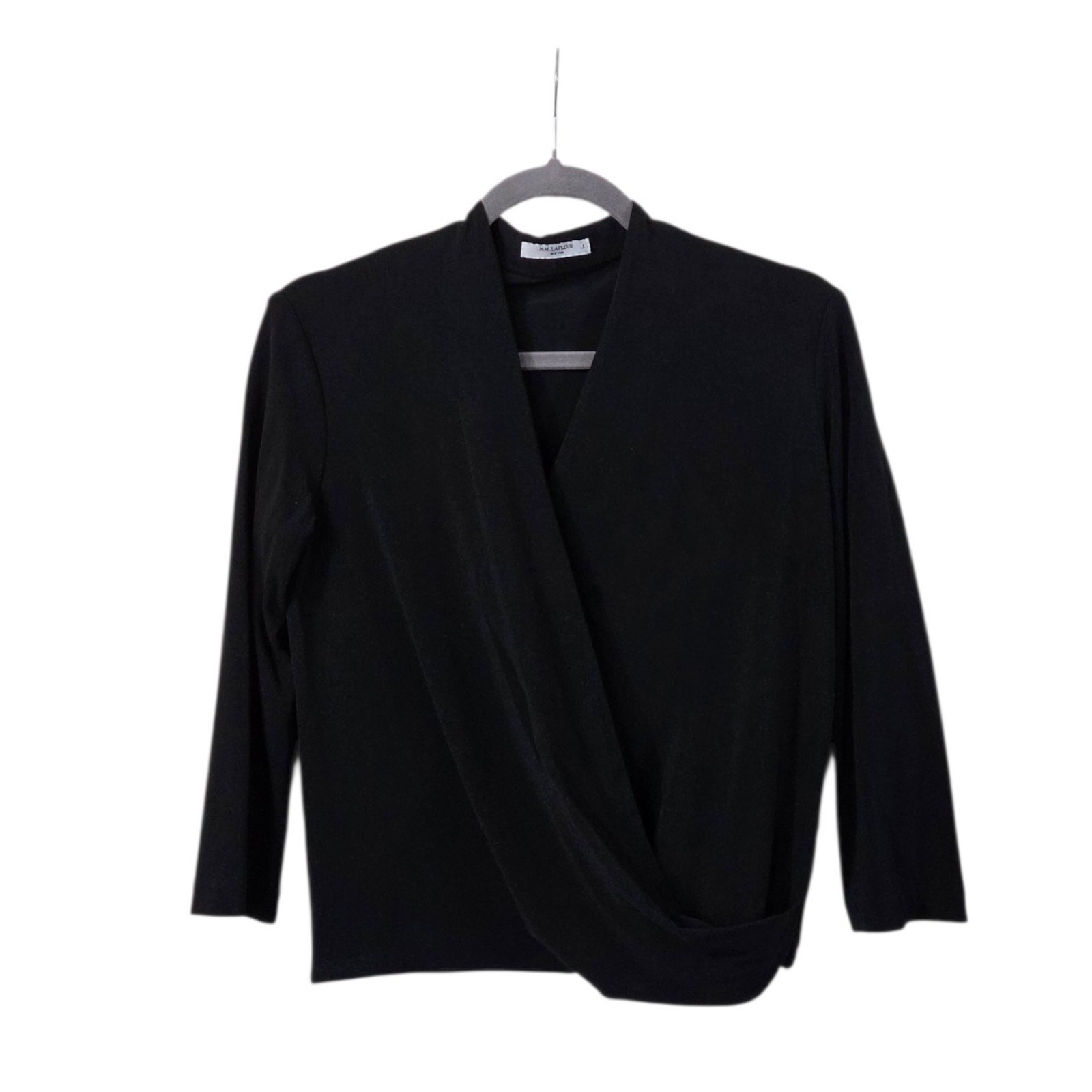 MM. LaFleur Black Deneuve Faux Wrap 3/4 Sleeve Classy Elegant Blouse, Size Small