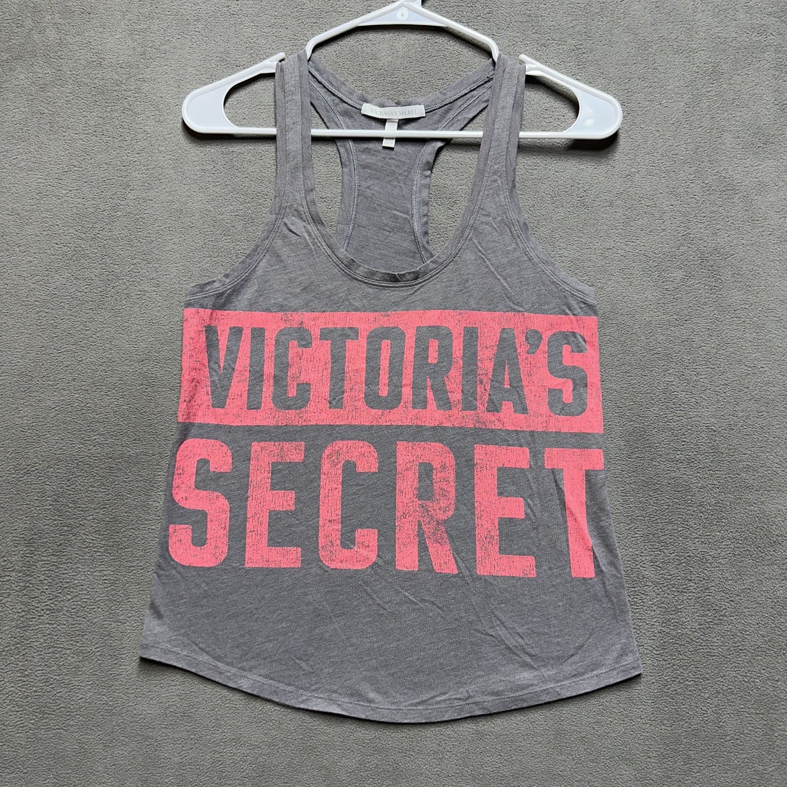 Victoria Secret Tank Top Womens XS Gray Pink Spellout Racerback Workout Athletic