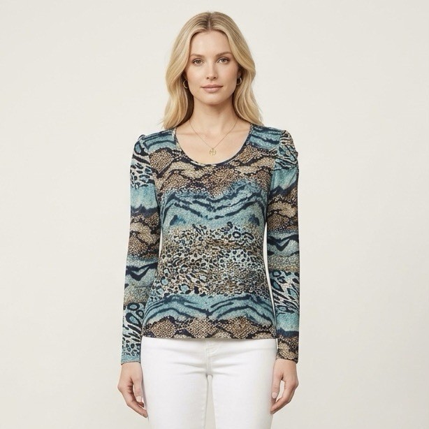 Annabelle Womens Multi Print Puff Sleeve Top Size Medium Soft Stretch Knit