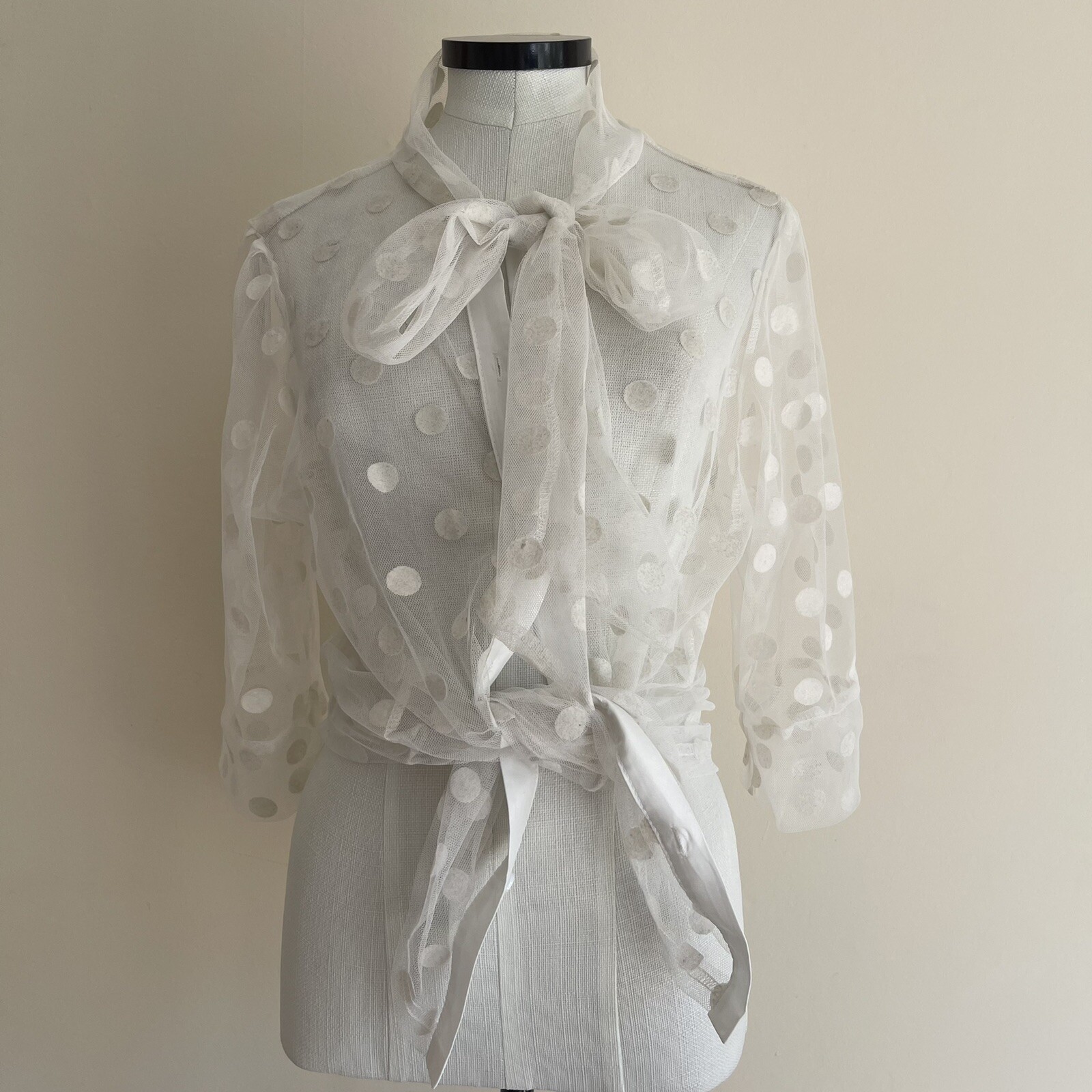 80s VIBE SHIRT BLOUSE SHEER LACE PUSSY BOW TIE NET POLKA DOT CELMIA UK 12