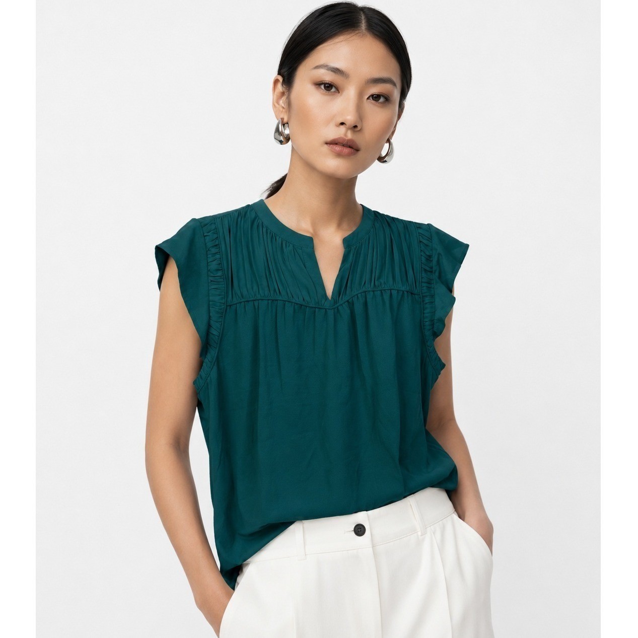 Les Serein Womens L Teal Green Pleated Yoke Ruffle Cap Sleeve Blouse NWT