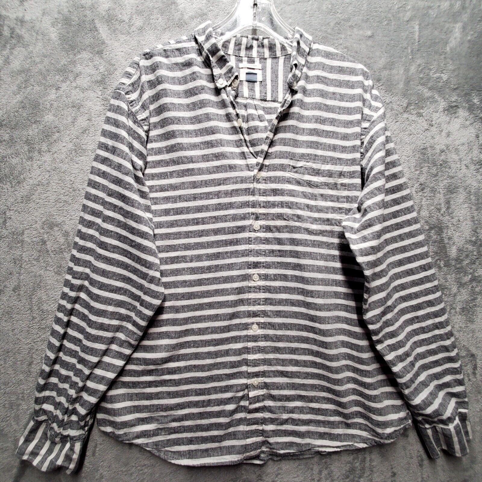 Old Navy Top Womens Extra Large Gray Striped Linen Blend Slim Fit Button Down