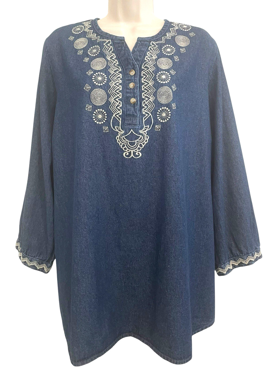 Y2K Citicraze Denim Top Women’s Sz 1X Embroidered 3/4 Sleeve Cotton Cottage Boho