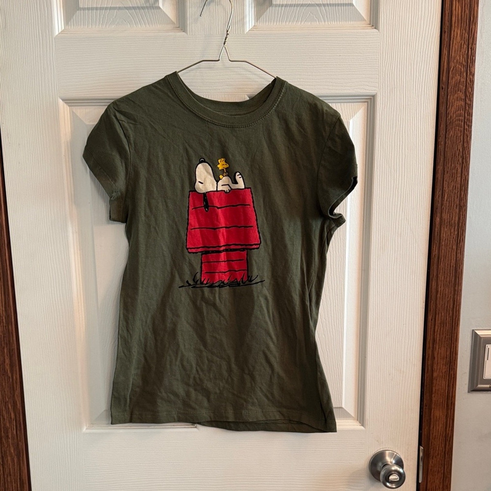 Peanuts Olive Green Tee with White Snoopy & Woodstock Print