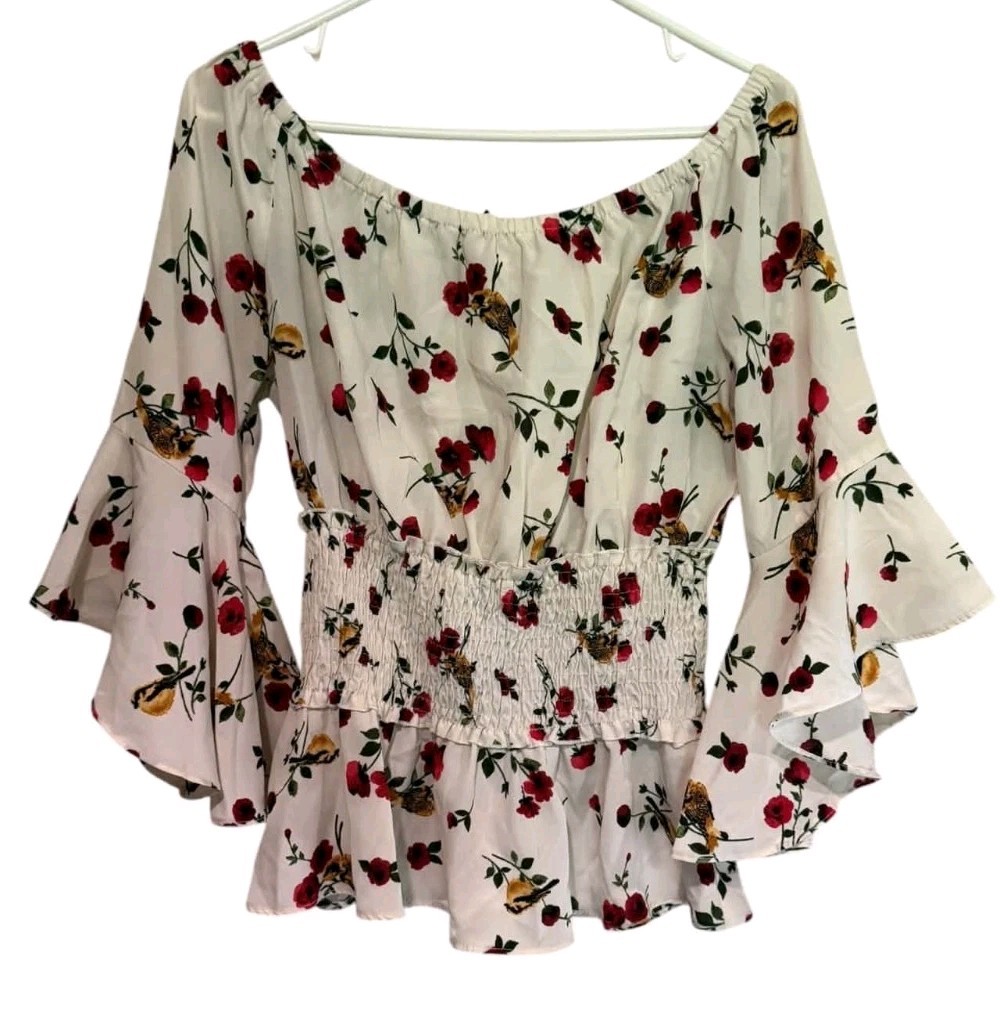 Timing Women’s Large Floral Peasant Blouse Off Shoulder Bell Sleeve Boho Top