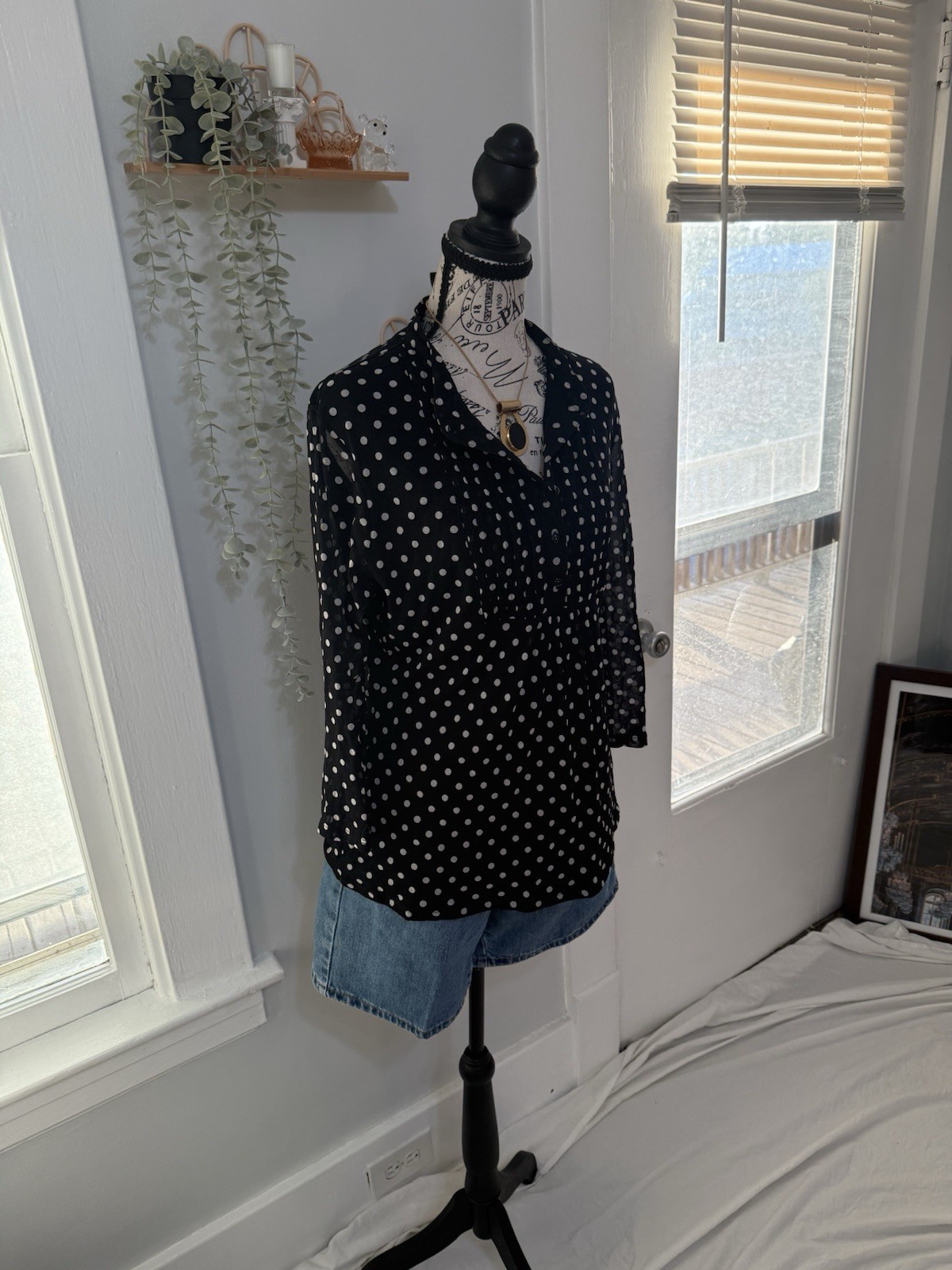 INC International Concepts Black/White Polka Dot V-Neck Button Woven Blouse XL