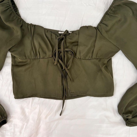 L.A. Hearts Olive Green Milkmaid Tie-Front Crop Top Puff Sleeve Boho – XS