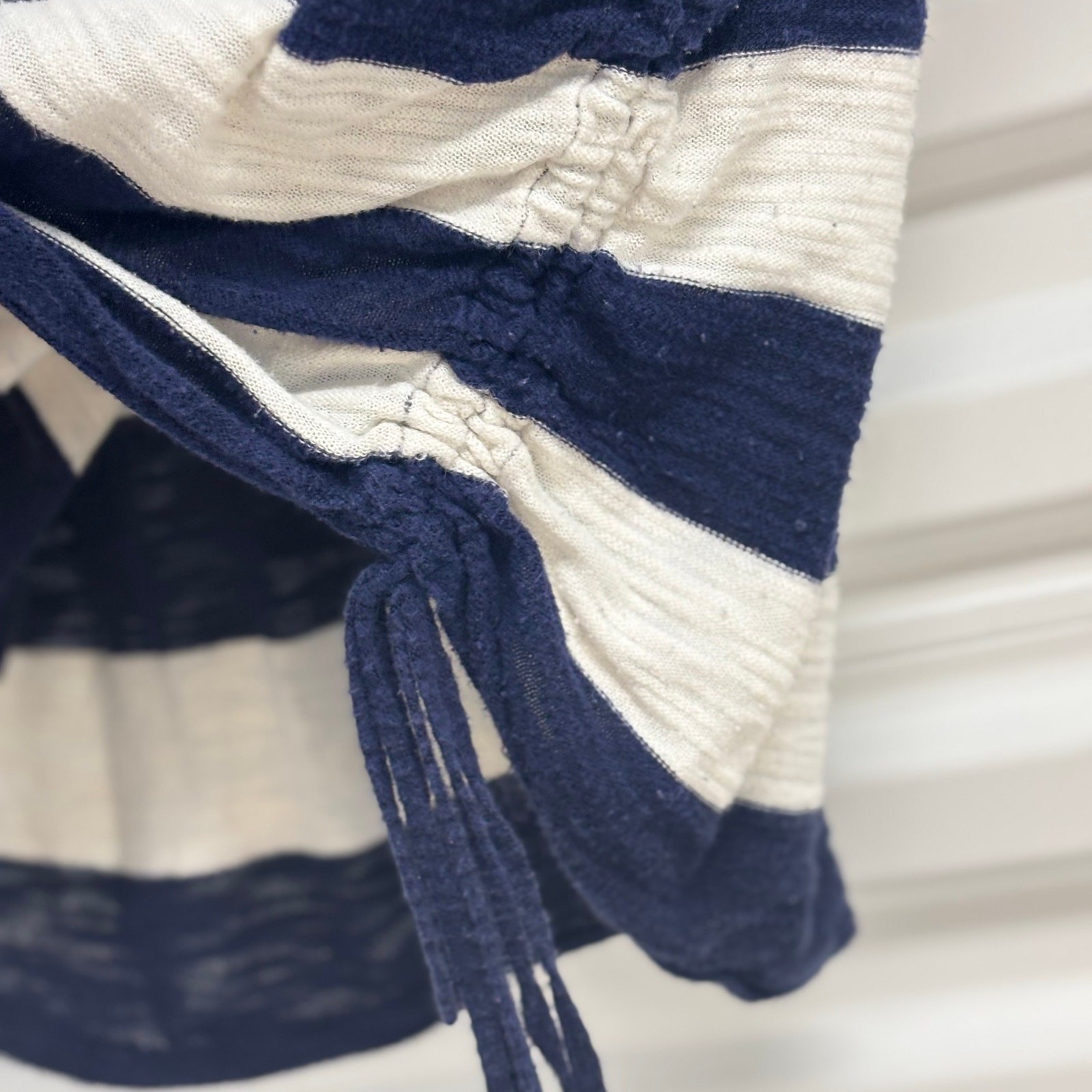 Express Womens S Navy White Striped Knit Top Side Ruched Drawstring 3/4 Sleeve