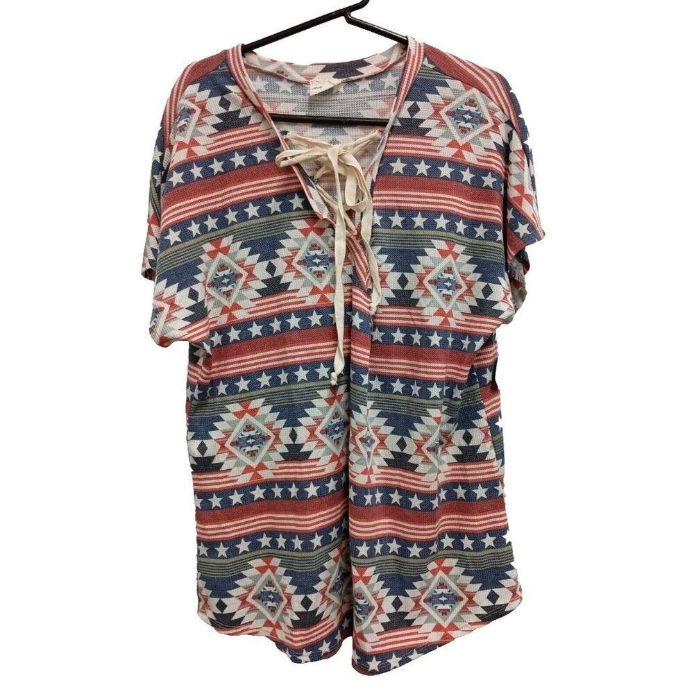Lovely Melody BOHO Top Womens L Red Blue Aztec Stars Lace Up Waffle Knit Boho
