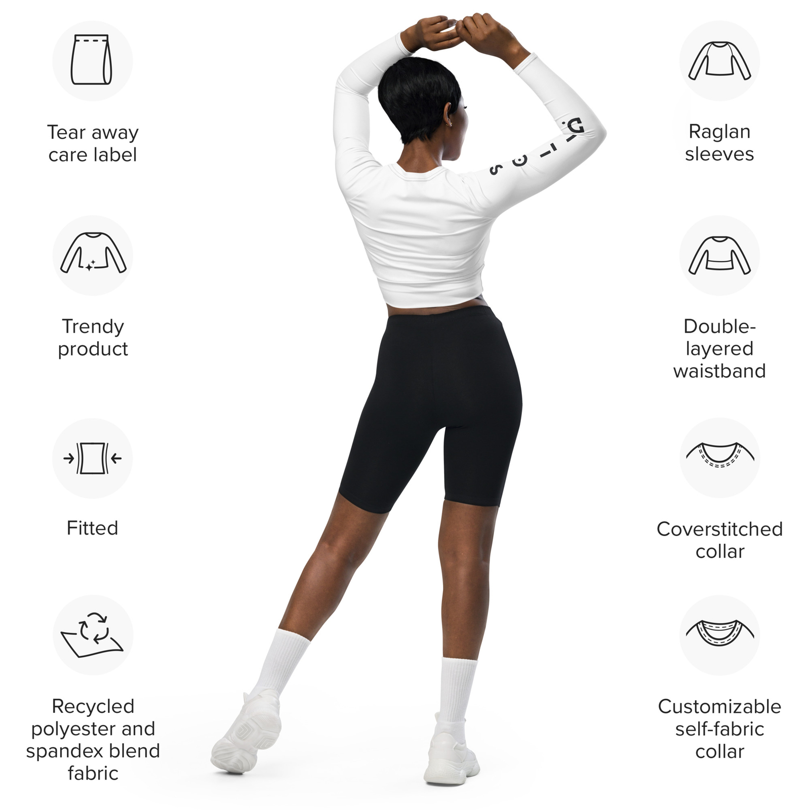 Women’s Long Sleeve Crop Top | White w/ Black Logo | UPF 50+ | Sizes 2XS-6XL