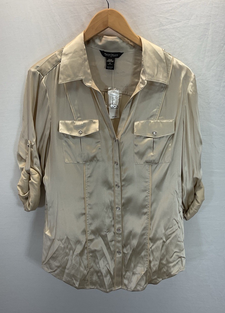 New White House Black Market Silk Stretch Button Up Blouse Size 12 Beige Satin