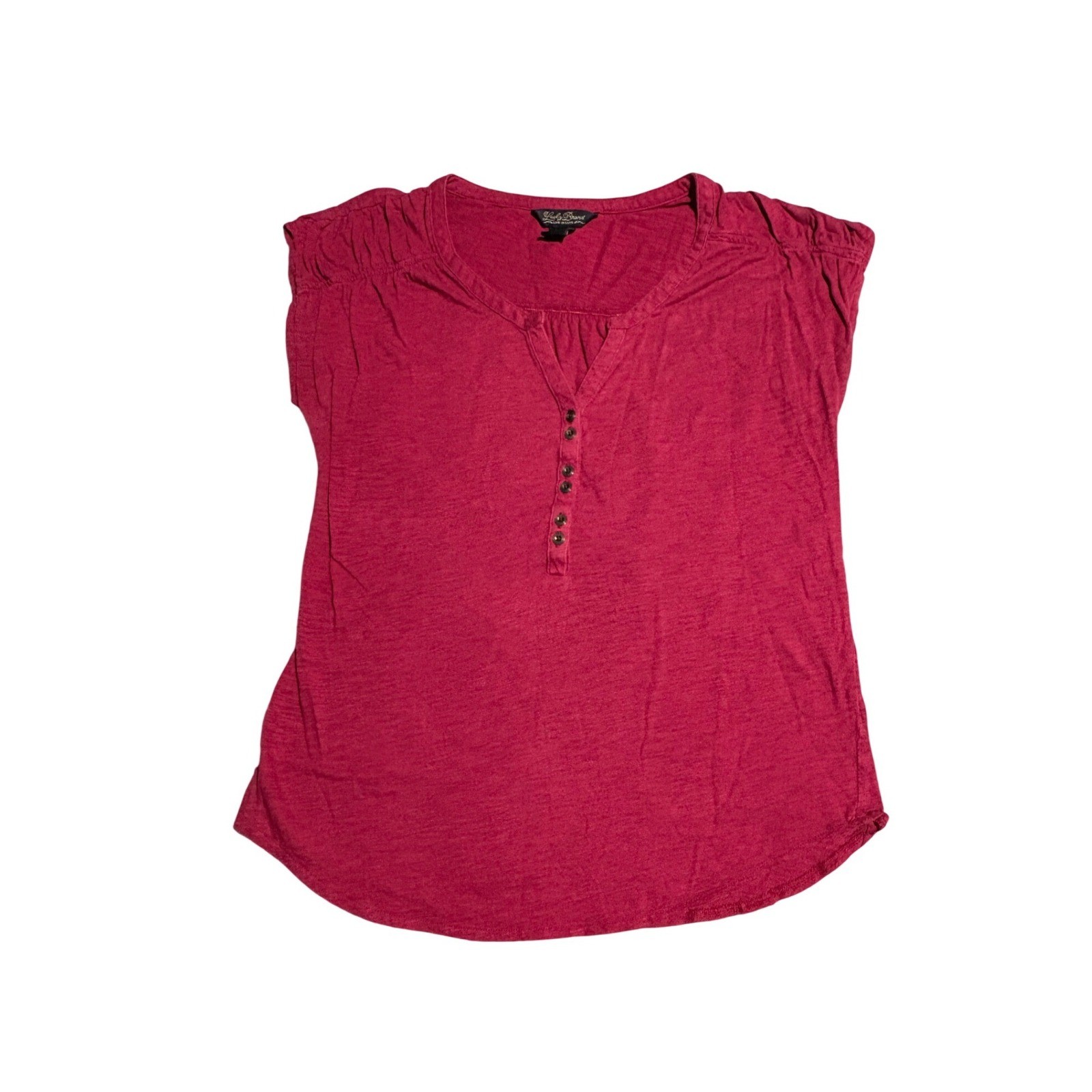 Lucky Brand Womens Knit Henley Top Berry Pink Cap Sleeve Button V-Neck M Basic