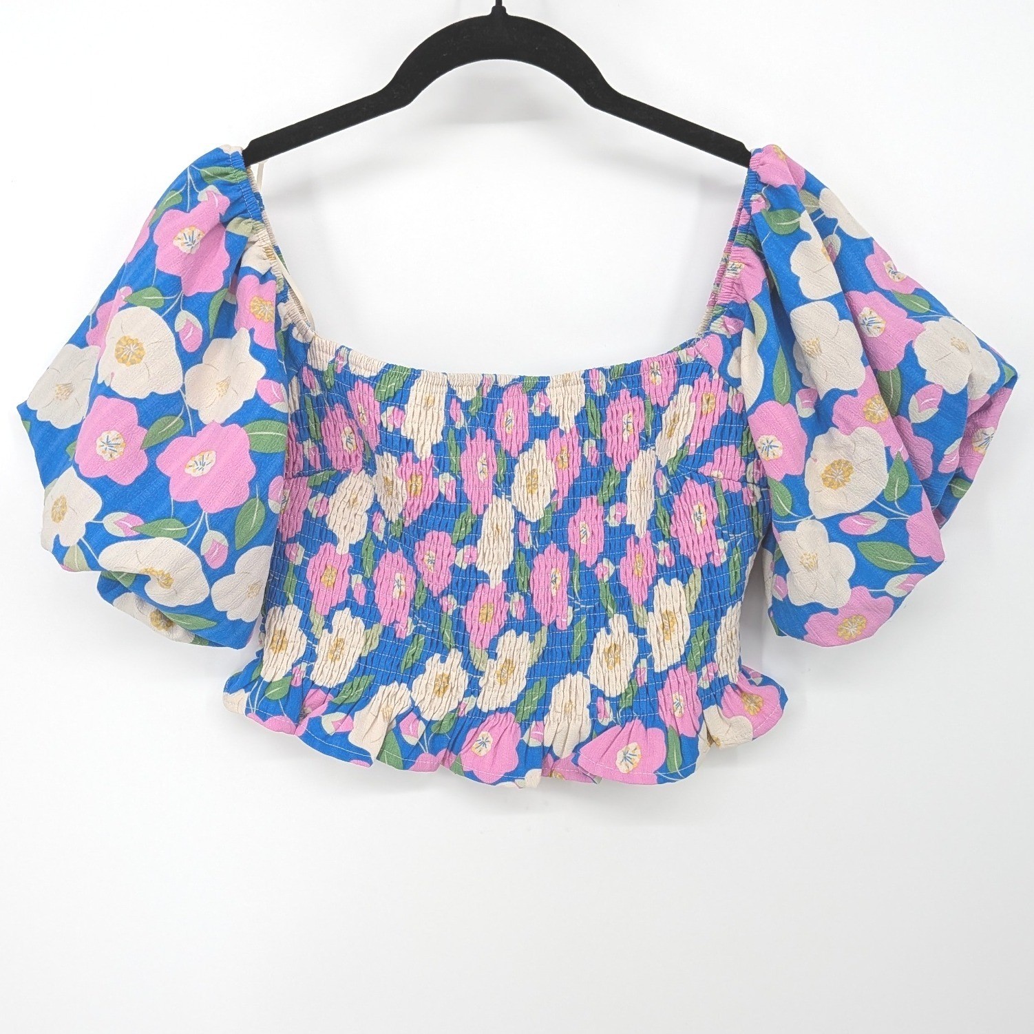 Altar’d State Crop Top Women Medium Blue Floral Smocked Puff Sleeve Festival