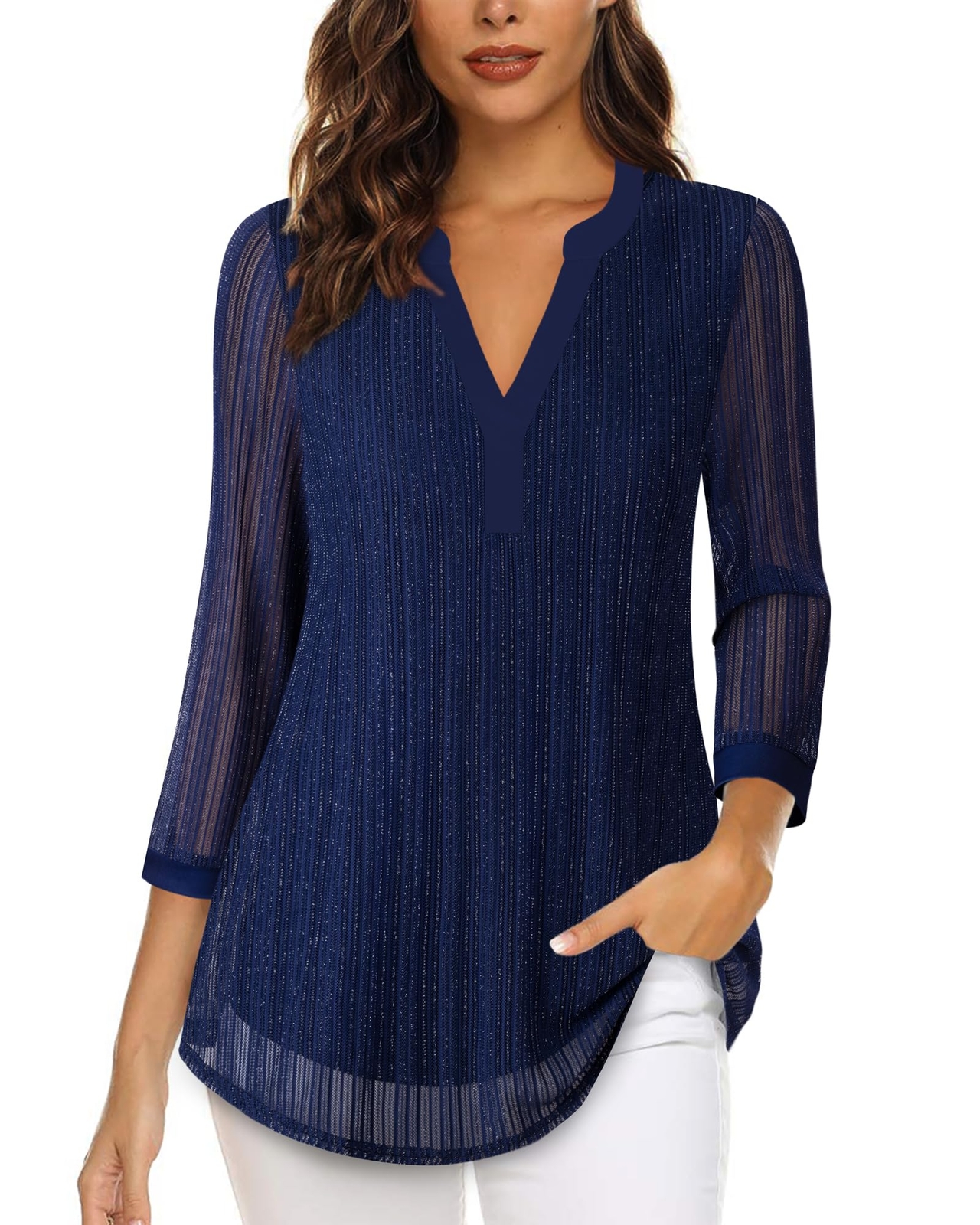 Timeson Ladies Business Attire Casual Shirts Flowy Elegant Night Tops Blue 2XL