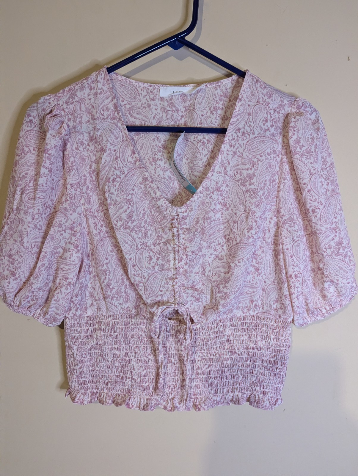 Lush womens M Gracie smocked crop blouse Lavendar white elastic waist drawstring