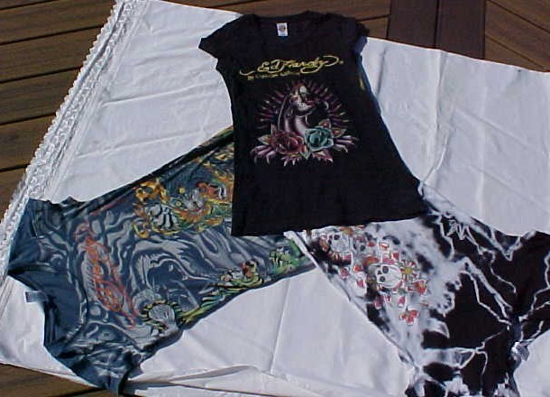 ED HARDY -3 Women’s Short Sleeve Ts- PANTHER, TIGER, SKULL TATTOO Graphics -SZ S