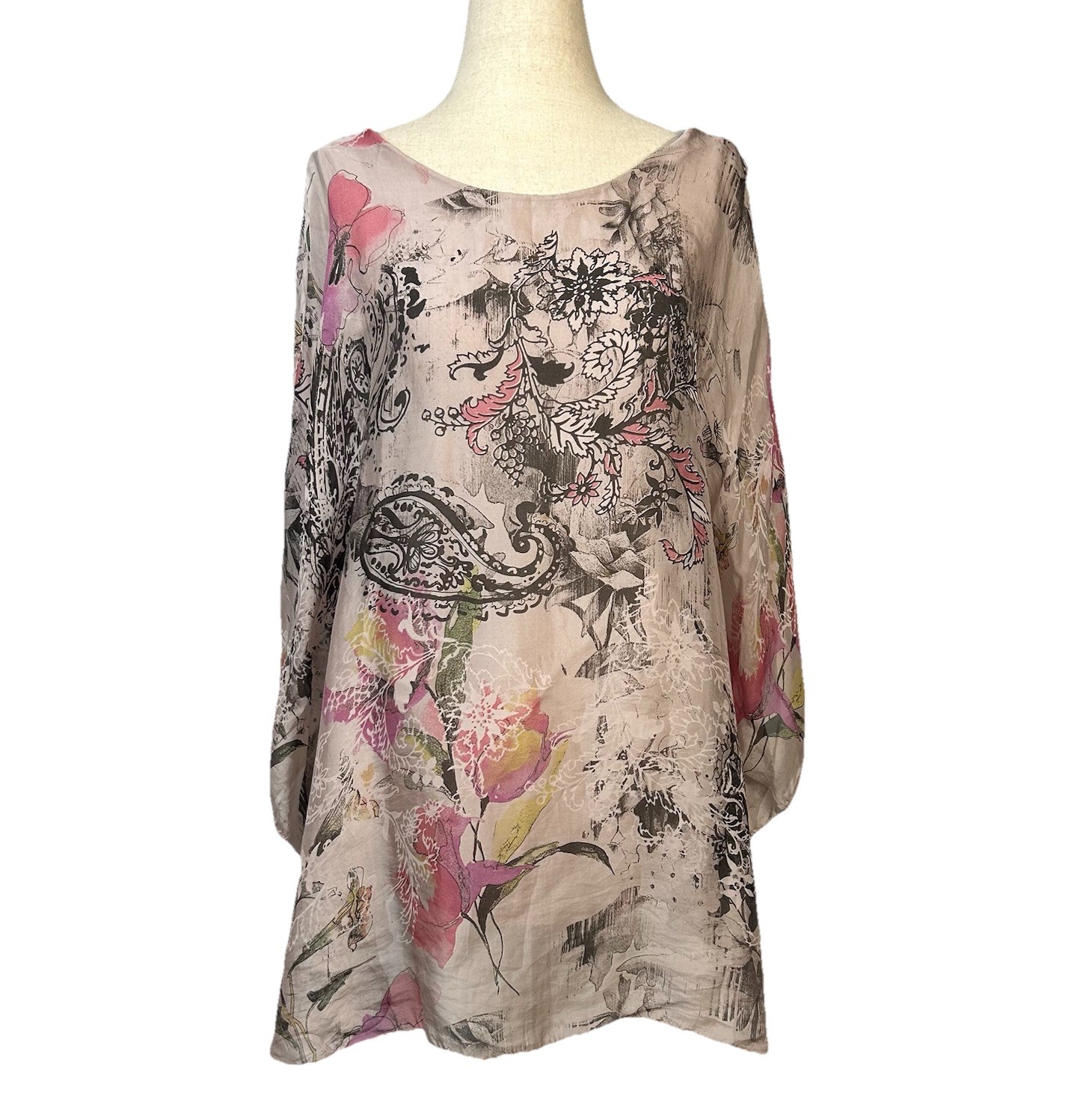 Belle France Womens Silk Sheer Tunic Top M Floral Paisley Boho Fairy Grunge Y2K