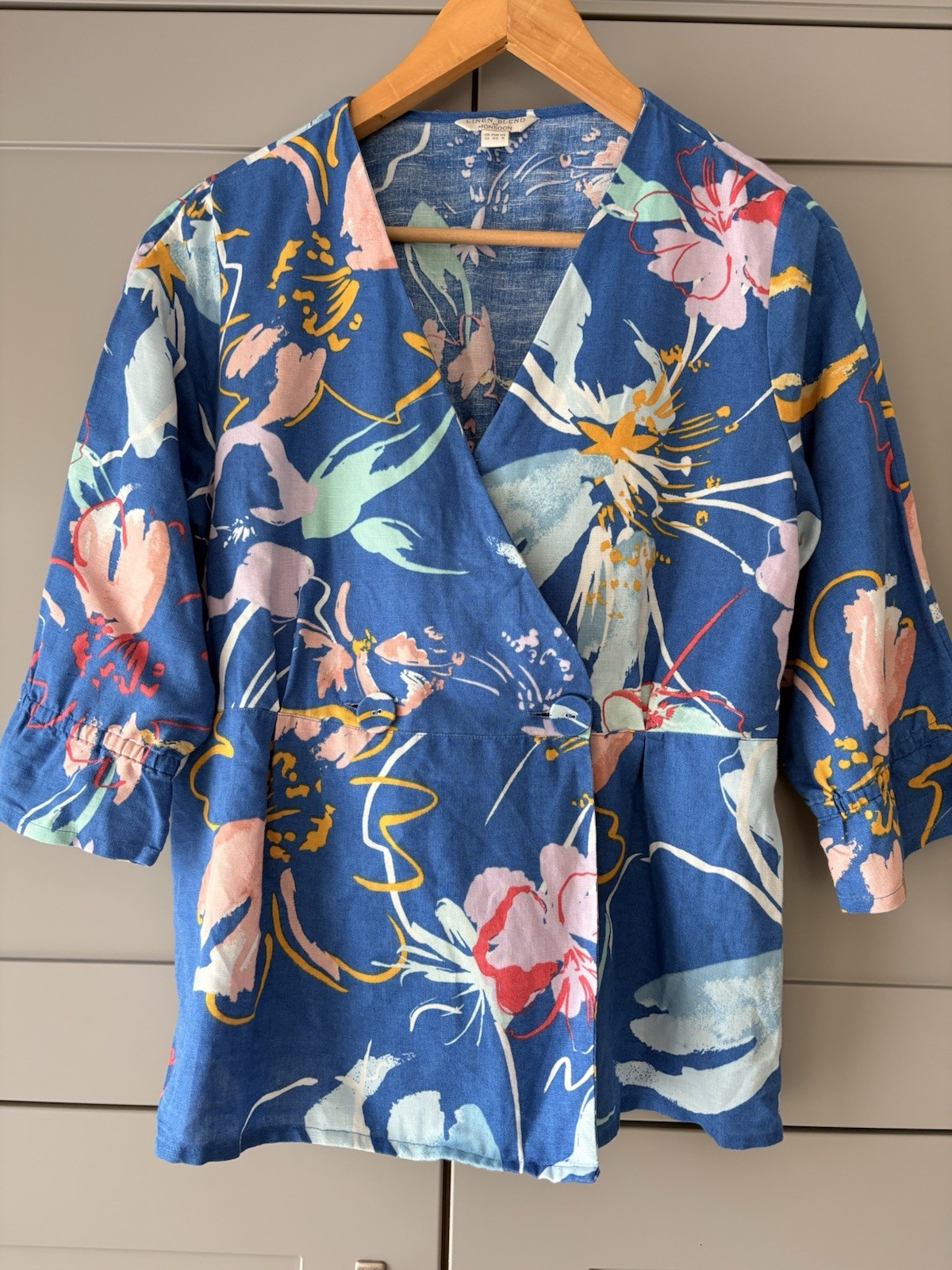 Monsoon Linen Cotton Blend Wrap Blouse UK 12 Blue Floral Shirt Top