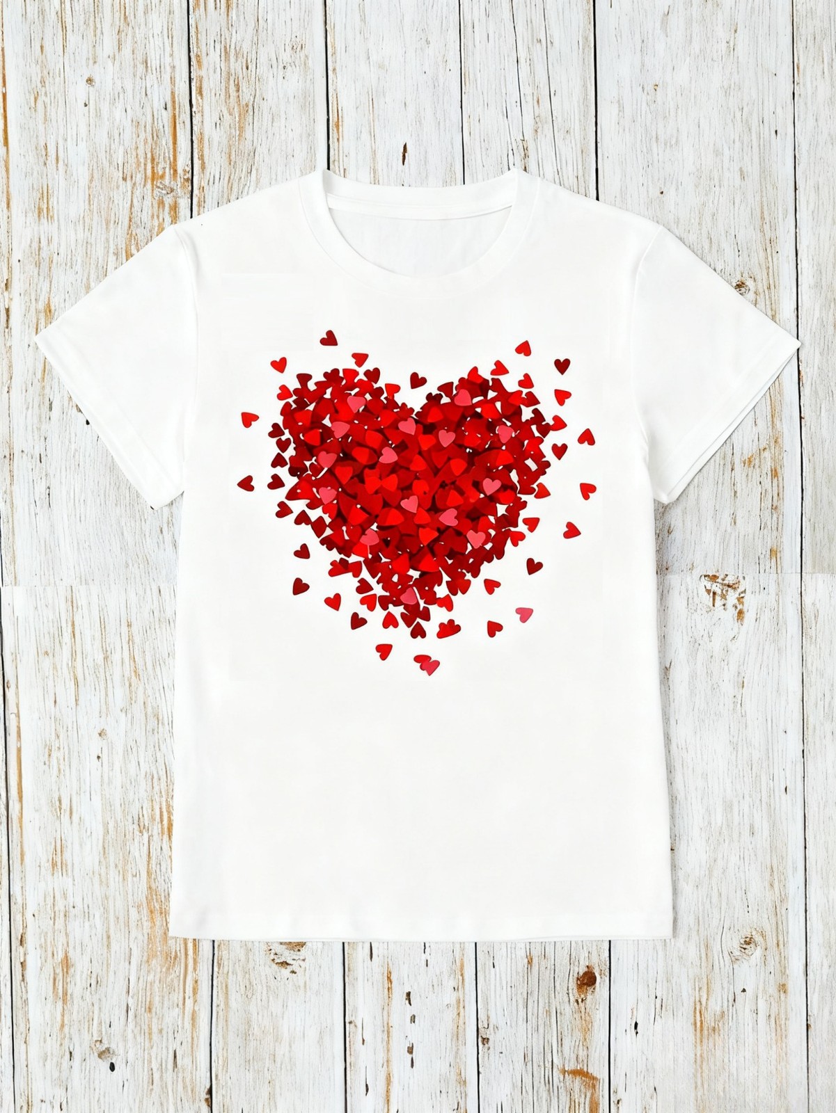 Valentine’s Day Red Heart Cluster Graphic T-Shirt White Black Romance Casual Top