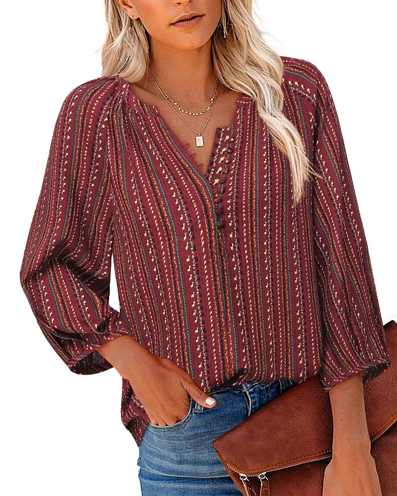 Triratna Women’s Tops and Blouses 3/4 Sleeve – Dark Red, Wine Red, Size XL