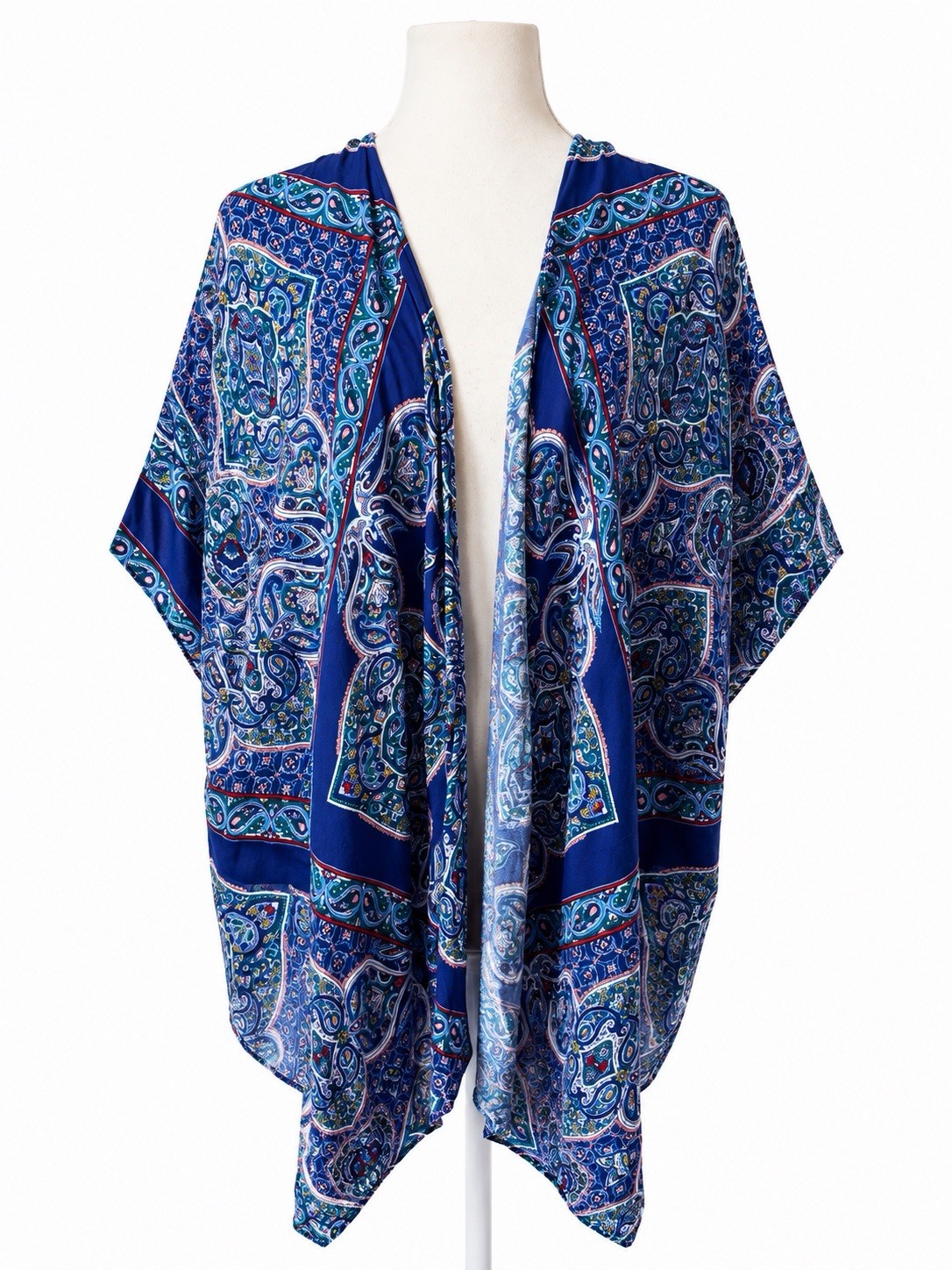 ARTESIA Women’s L /XL Blue Paisley Kimono Cardigan Open Front Boho Rayon Ruana