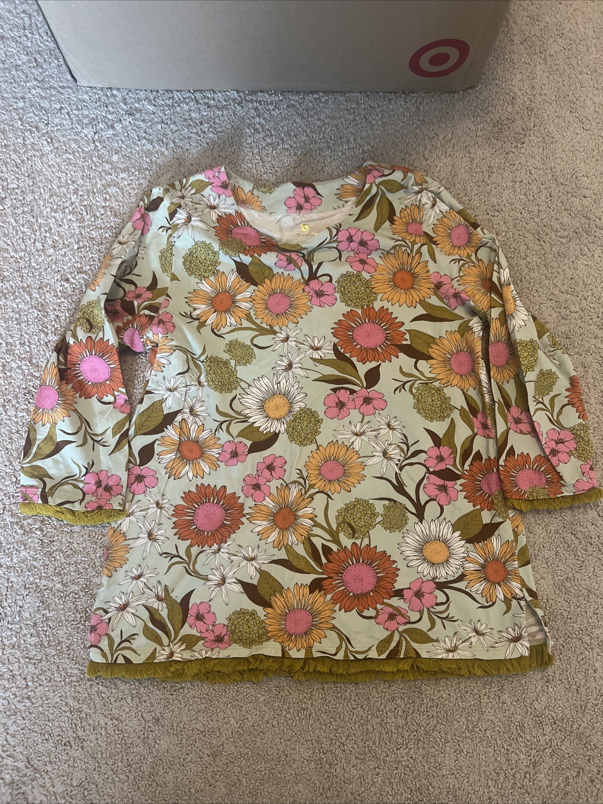 Spartina 449 Green Floral Tunic Top Fringe Trim Bold Print Cotton Size Large
