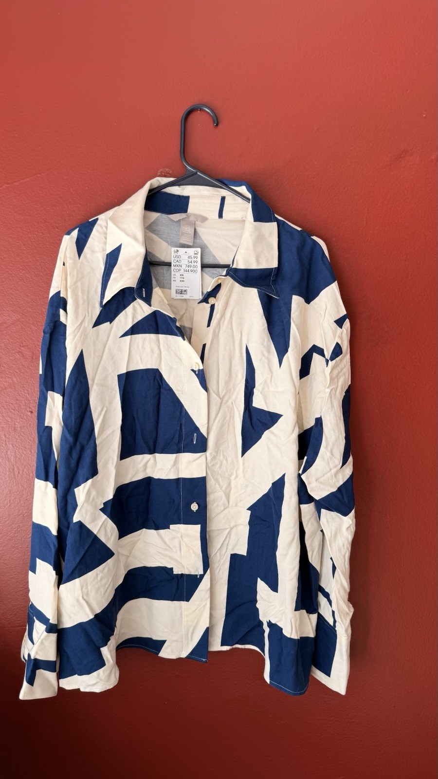 H&M Men’s Blue White Geometric Print Shirt Women XXL Relaxed Fit BNWT