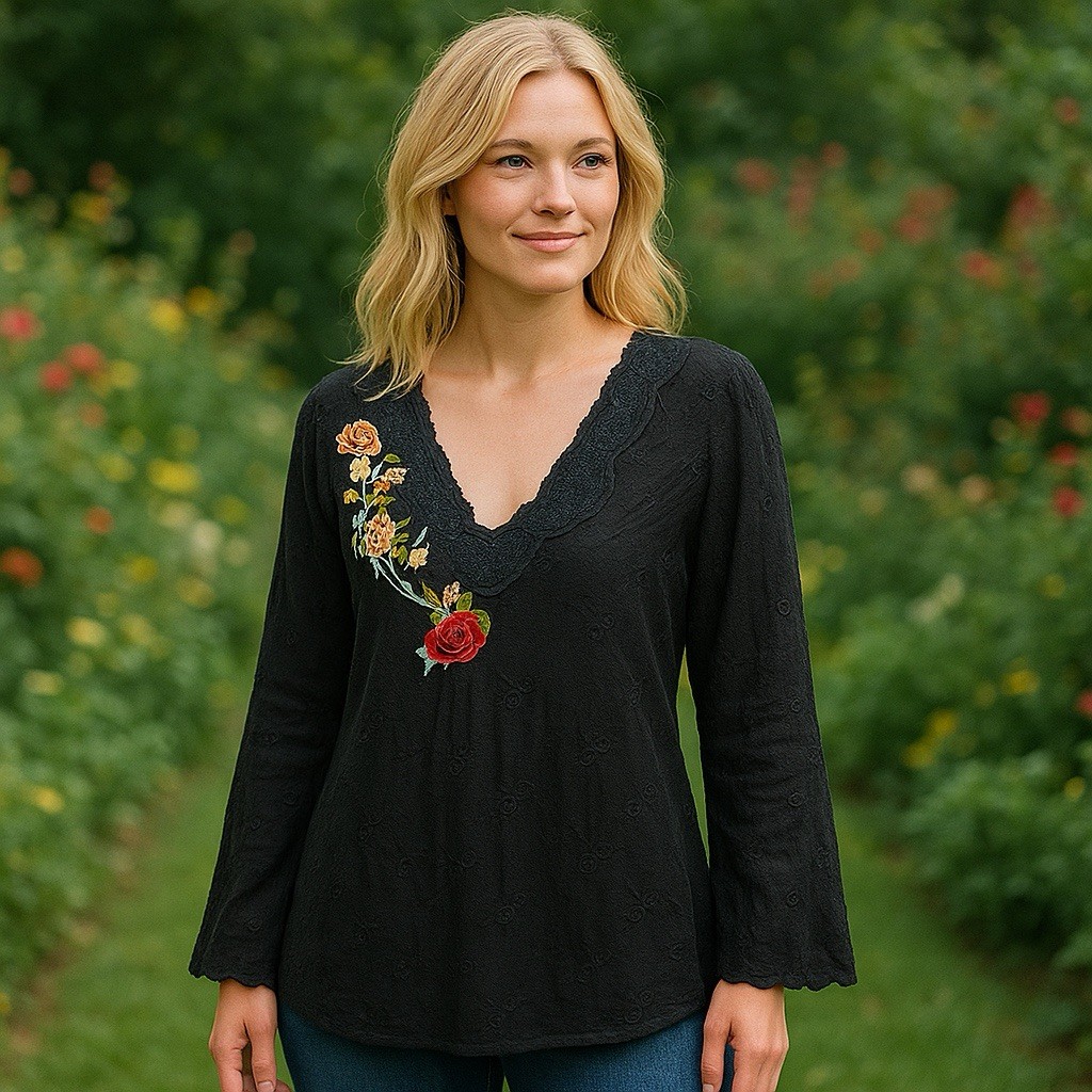 Como No? Black Textured Embroidered Blouse Boho Peasant Fairy Ethereal S