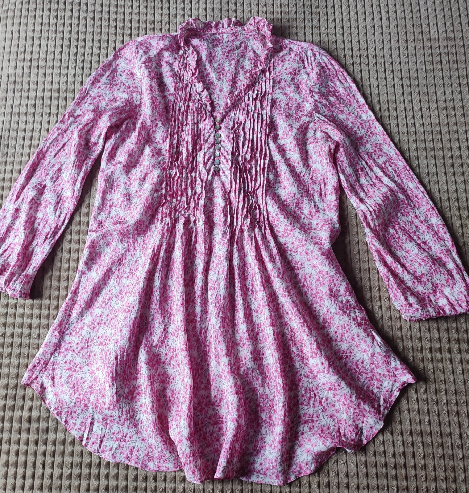 100% Pure Silk Tunic Dress Pink Floral Boho Cottagecore Blouse Top Sz L EU46
