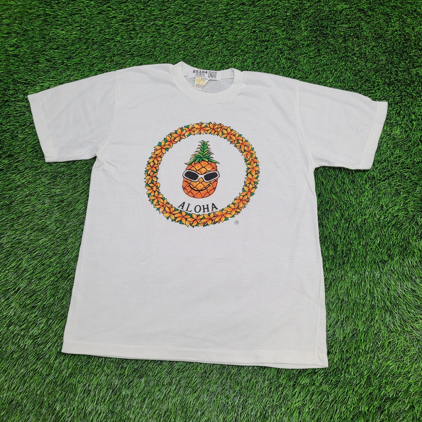 Vintage 90s Aloha Hawaii Pineapple Shirt Womens M/L 19×24 White