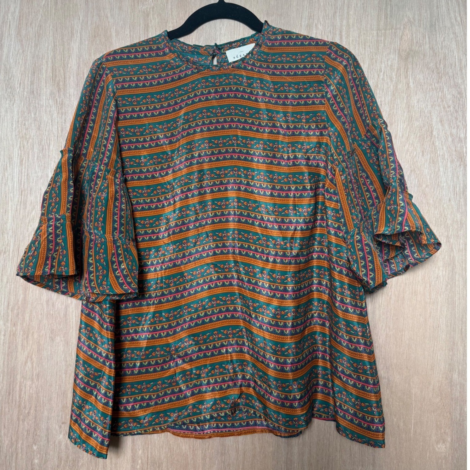 Sézane Ethel Blouse Havana Green Orange Stripes 100% Silk Top Size FR 38 US 6/M